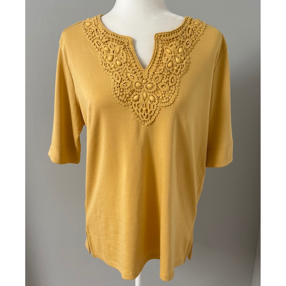 Drapers & Damons Mustard Yellow Crochet Lace Beaded V-Neck Top Size Large